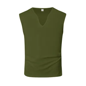 Detailed front view of a men's olive green V-neck quick-dry sleeveless athletic tank top