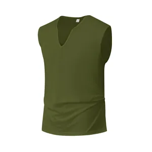 Detail of men's olive green V-neck sleeveless training vest in quick-dry fabric