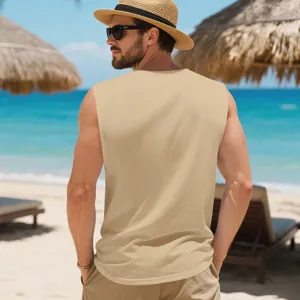 Detailed back view of men's breathable beige tank top perfect for summer beach vacations