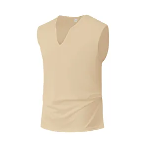 Detailed front view of men's beige quick-dry V-neck sleeveless training tank top