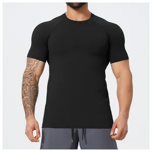 Detail of men's seamless sports t-shirt showing slim fit and breathable mesh fabric