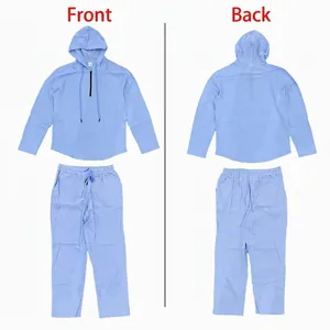 Men's casual light blue linen hooded set showing detailed front and back view layout