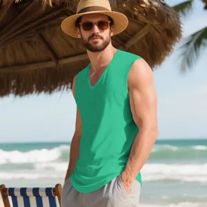 Men's green V-neck sleeveless quick-dry tank top shown in a tropical beach resort setting