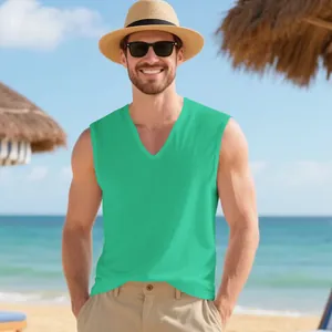 Detail view of men's green V-neck sleeveless tank top on a sunny beach vacation