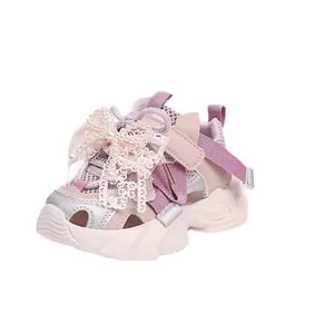 Pink breathable mesh girls' princess sandals with pearl lace bow and soft sole