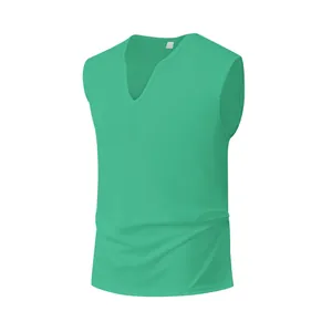 Detailed view of a green men's V-neck quick-dry sleeveless tank top.