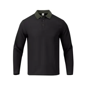 Polo à manches longues pour hommes avec col côtelé olive et tissu texturé noir.