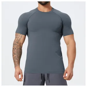 Close-up of grey seamless men's athletic shirt highlighting slim fit and knit texture