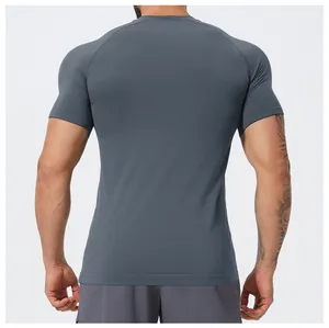 Detailed back view of men's gray seamless athletic T-shirt with breathable mesh texture