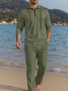 Mens olive green casual hooded long sleeve top and matching trousers set beach outfit