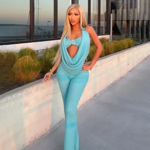 Sexüelles türkisblaues Neckholder Jumpsuit Set mit tiefem V-Ausschnitt für Damen