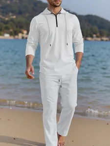 White men's casual linen set featuring a hooded zipper top and matching long pants.