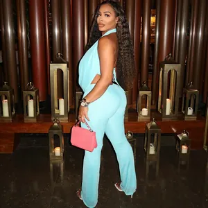 Vollansicht eines sexy hellblauen Neckholder-Jumpsuits mit rückenfreiem Design