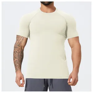 Men's ivory white seamless gym t-shirt with muscle fit and breathable mesh texture.