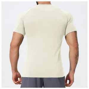 Back view of men's slim fit sports t-shirt showing seamless breathable mesh texture.