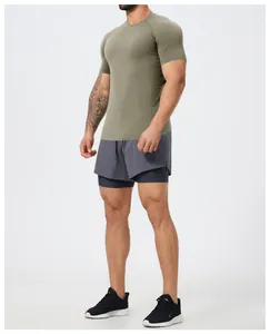 Men's olive green seamless athletic compression shirt for gym and running workouts
