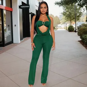 Sexy dunkelgrüner Neckholder-Jumpsuit mit tiefem V-Ausschnitt und Bandeau-Top für Damen