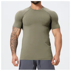 Close-up front view of men's olive green seamless slim fit quick dry sports t-shirt