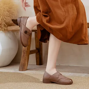 Comfortable brown leather slip-on flat shoes with soft non-slip soles for women