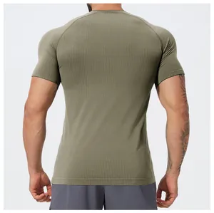 Detailed back view of a men's olive green seamless athletic shirt with mesh texture
