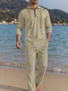 Detailed look at men's khaki linen two-piece set with hooded zipper top and pants