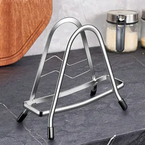 Durable stainless steel cutting board and pot lid organizer rack for kitchen countertop