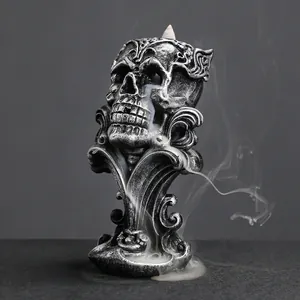 Gothic skull backflow incense burner resin ornament with vintage antique silver finish