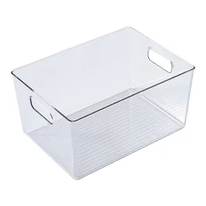 Clear transparent plastic storage bin with handles for desktop and drawer organization.