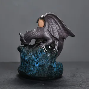 Exquisite ceramic dragon backflow incense burner with blue glazed rock base decoration