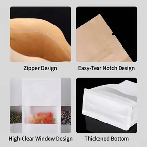 Details of white frosted and kraft paper stand-up food bags with ziplock and window