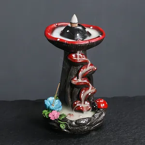 Decorative mushroom backflow incense burner with resin base for home relaxation decor