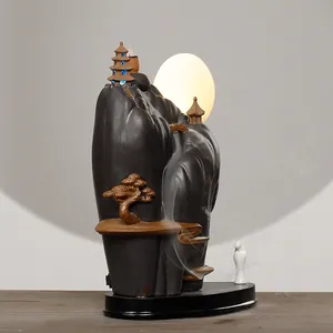 Zen ceramic backflow incense burner with mountain design and LED moon lamp decor