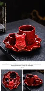 Detailed view of the red kiln-turned ceramic frog aromatherapy incense burner set