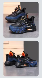Side and rear views of boy's black and blue sneakers with convenient rotary buckle
