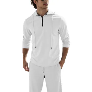 Men's white linen casual set with hooded zipper top and matching long trousers
