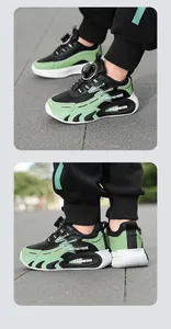 Detailed views of boys' green and black mesh sneakers with rotary buckle closure