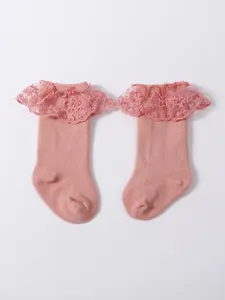 Lindos calcetines Lolita rosas para bebé con volantes de encaje, 0-3 años