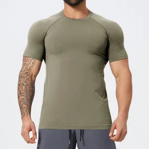 Men's olive green seamless slim fit quick-dry sports t-shirt for gym and fitness