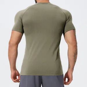 Men's olive green seamless breathable athletic sport t-shirt, back view muscle fit