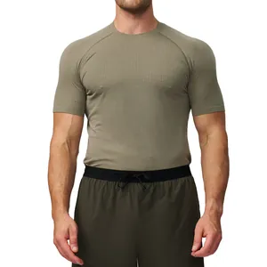 Men's seamless olive green compression t-shirt for fitness training and gym workout