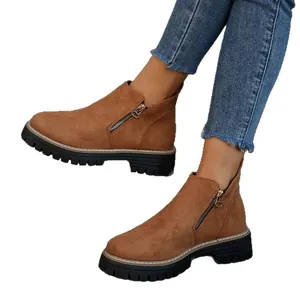 Bottines à talons épais en faux daim marron pour femmes avec fermeture éclair latérale