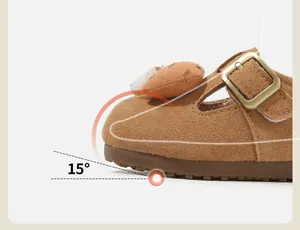 Close-up of baby toddler shoe showing the 15-degree ergonomic toe spring design