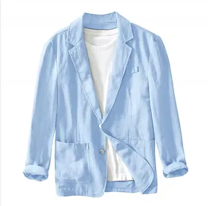 Men Casual Cotton Blazer Slim Fit Solid Color British Style Suit Jacket Lightweight Single Breasted Lapel Blazer Top