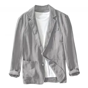 Men's casual grey cotton blazer in British style, lightweight solid color summer jacket