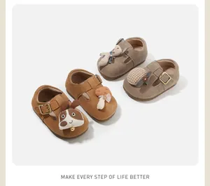 Variety of baby walking shoes featuring cute animal patches and soft suede materials.