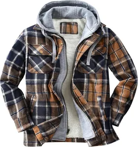 Detailed view of the soft white fleece lining inside a plaid hooded flannel jacket for men