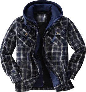 Close-up of men's blue plaid flannel jacket featuring a warm fleece lining and hood