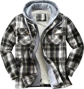Men's plaid flannel hooded jacket with thick fleece lining and silver zip closure