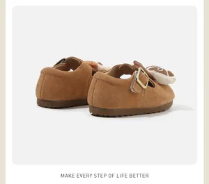 Detailed rear view of brown suede baby walking shoes with cute animal design motif.