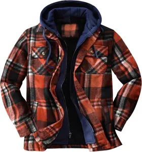 Macro detail of men's red plaid flannel hooded jacket with warm fleece lining and zip